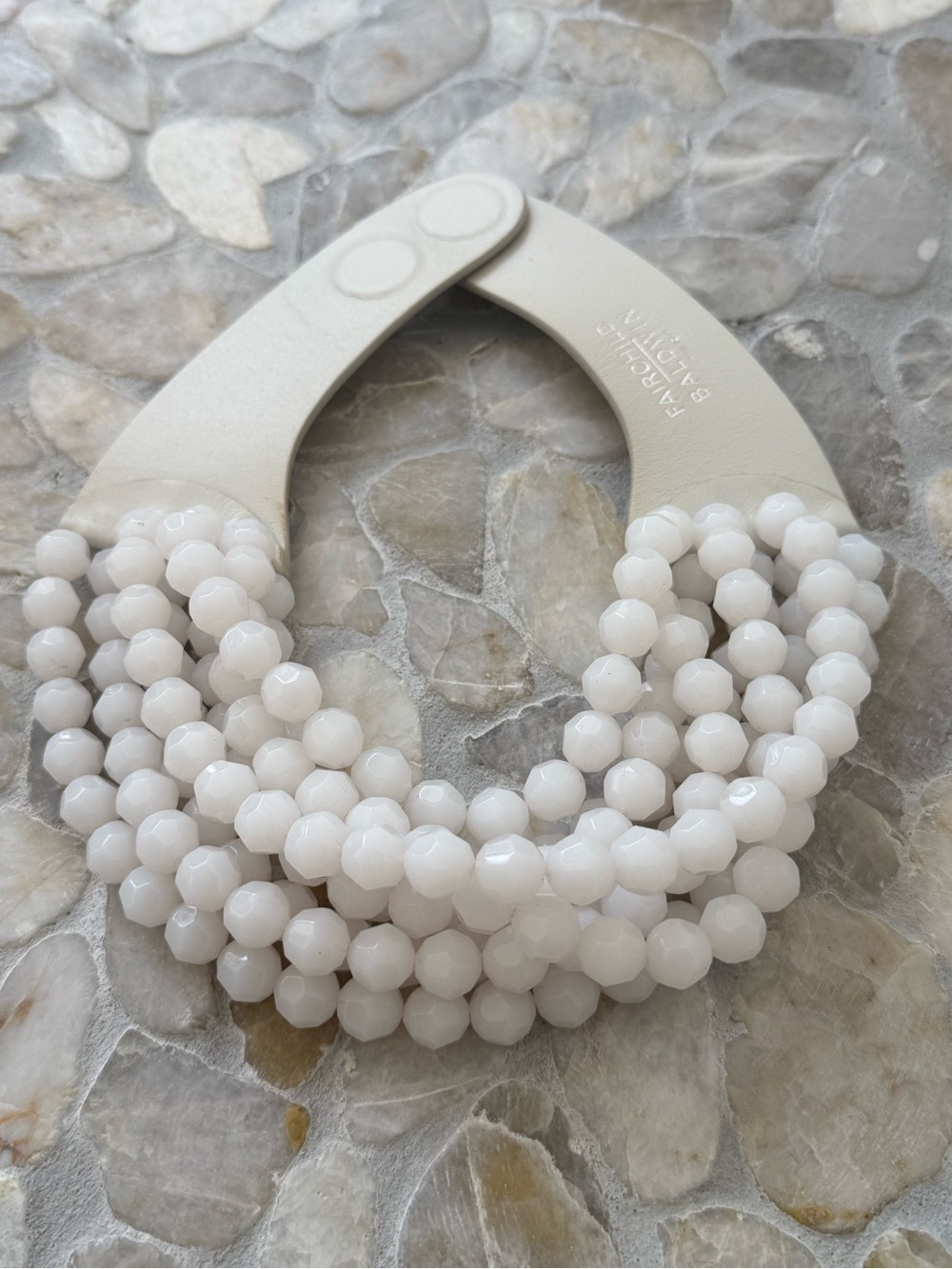 RETIRED Fairchild Baldwin white opalescent / ivory faceted bead choker/ leather